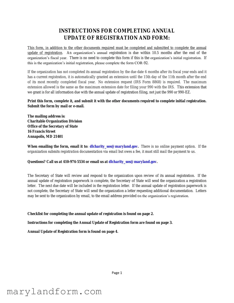 Annual Update Of Registration Maryland Template in PDF