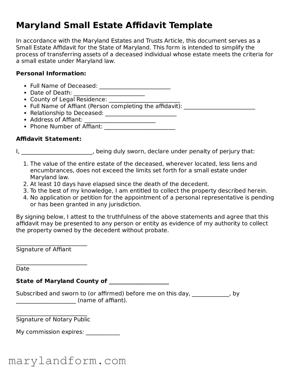 Official  Small Estate Affidavit Template for Maryland