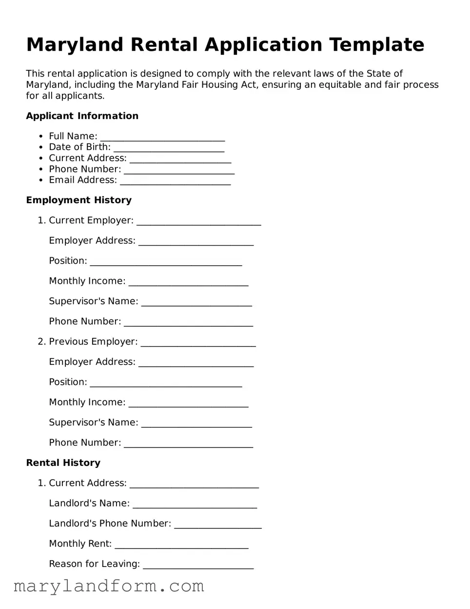 Official  Rental Application Template for Maryland