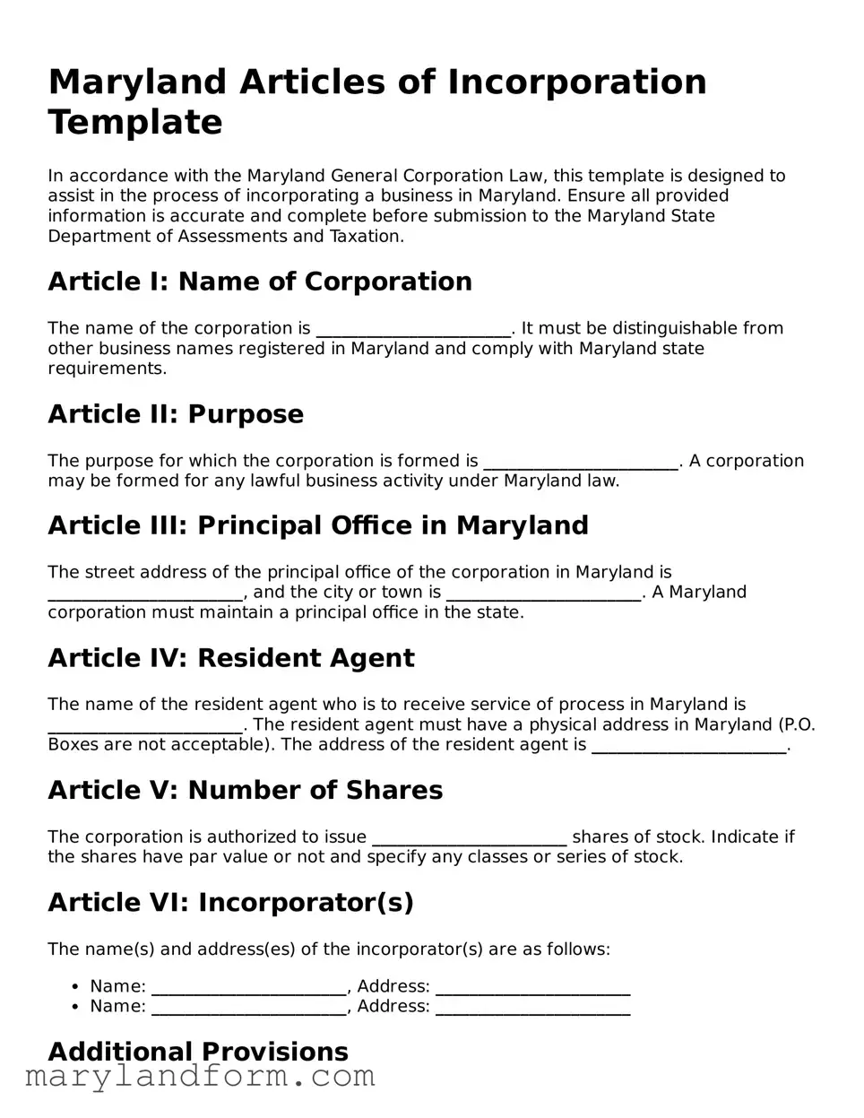 Official  Articles of Incorporation Template for Maryland