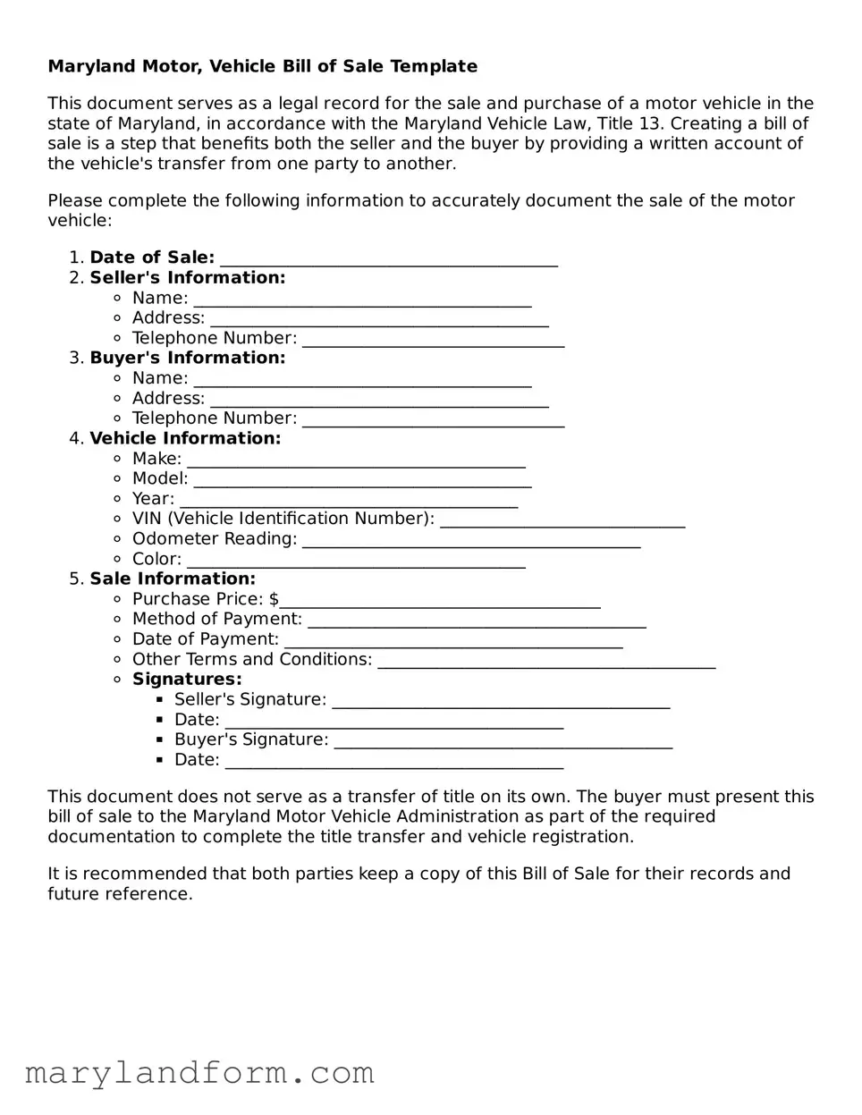 Official  Motor Vehicle Bill of Sale Template for Maryland