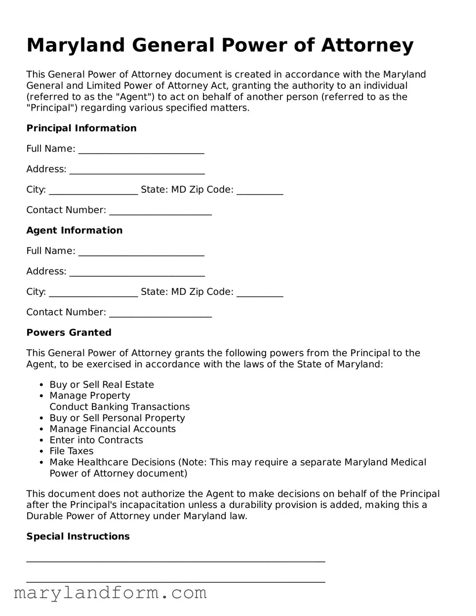 Official  General Power of Attorney Template for Maryland