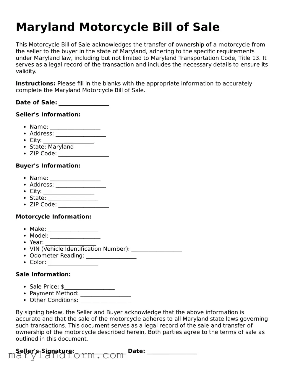 Official  Motorcycle Bill of Sale Template for Maryland