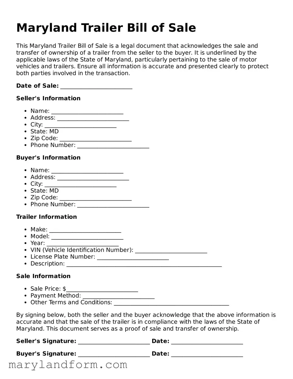 Official  Trailer Bill of Sale Template for Maryland