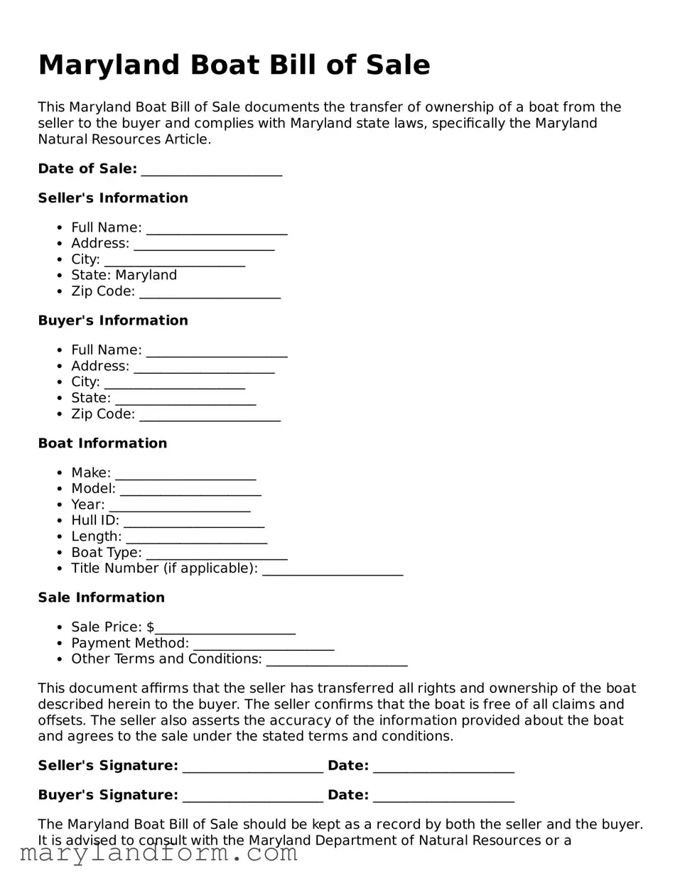 Official  Boat Bill of Sale Template for Maryland