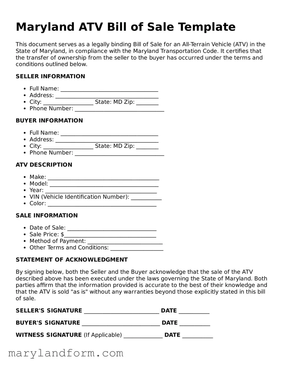 Official  ATV Bill of Sale Template for Maryland