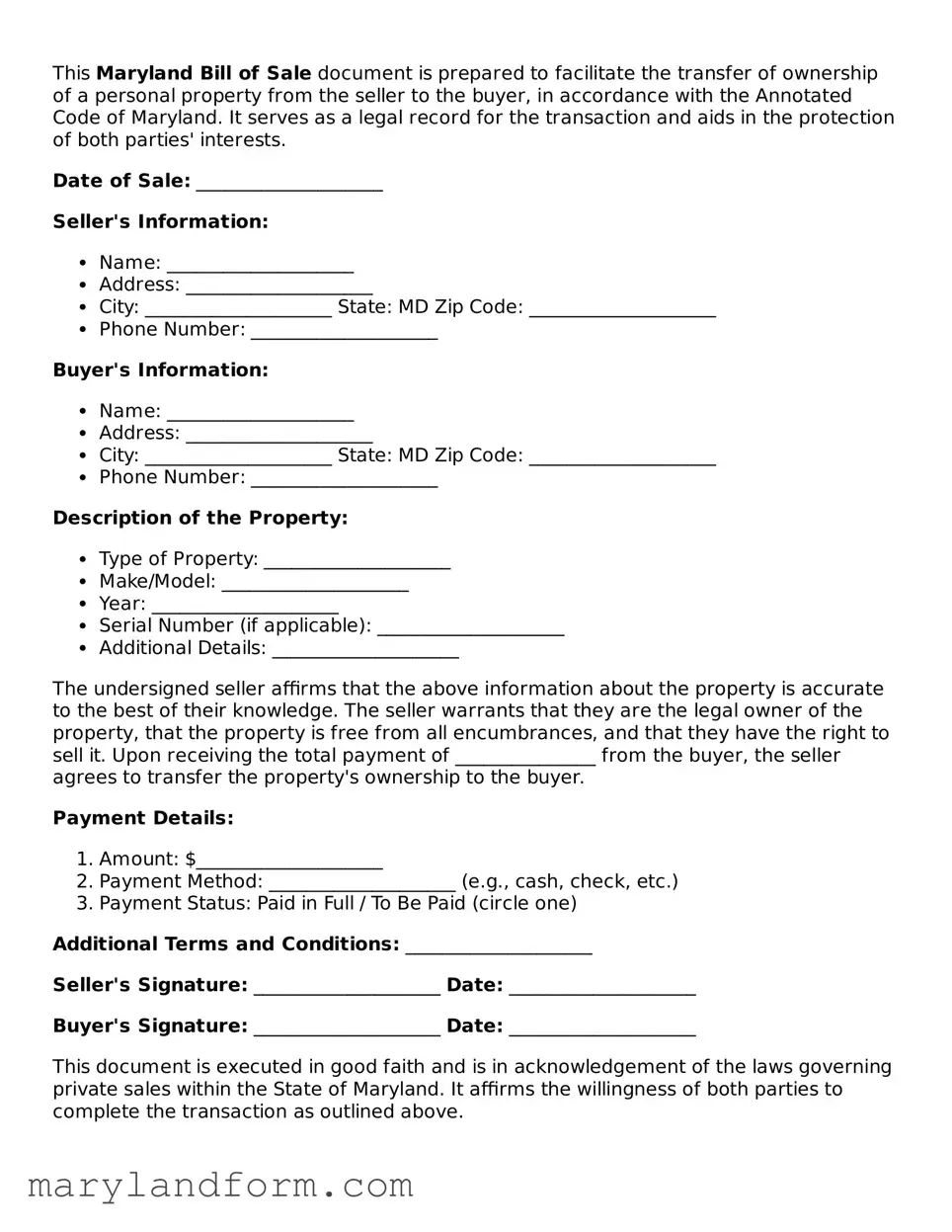 Official  Bill of Sale Template for Maryland