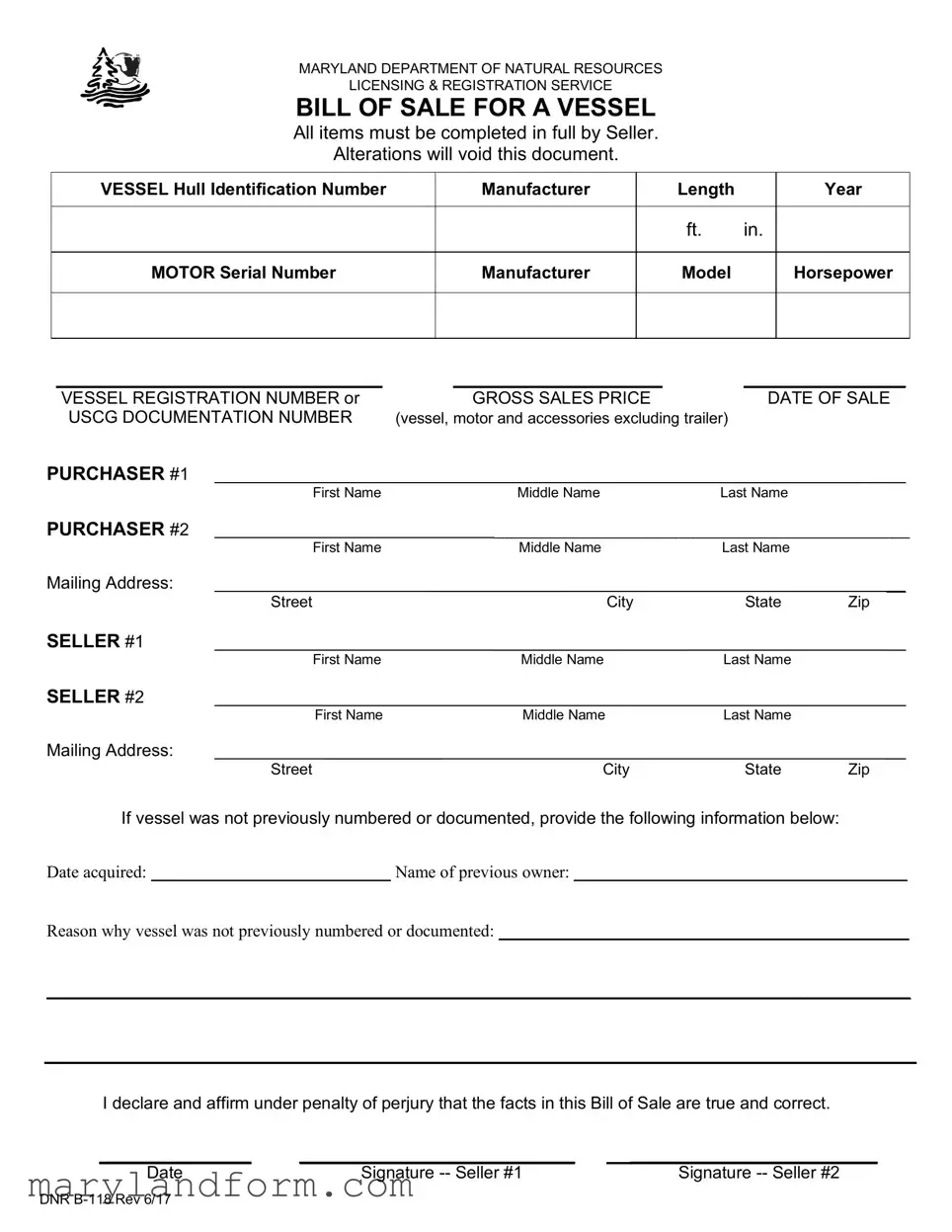 Maryland Boat Bill of Sale DNR B-118 Template in PDF