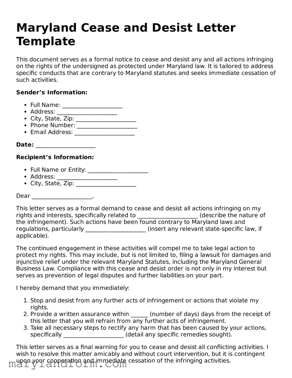Official  Cease and Desist Letter Template for Maryland