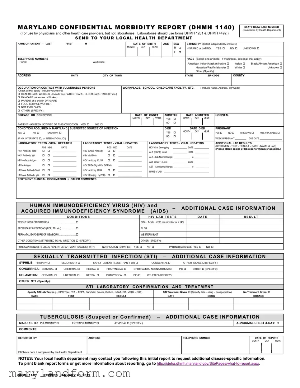 Maryland Confidential Morbidity Report Template in PDF