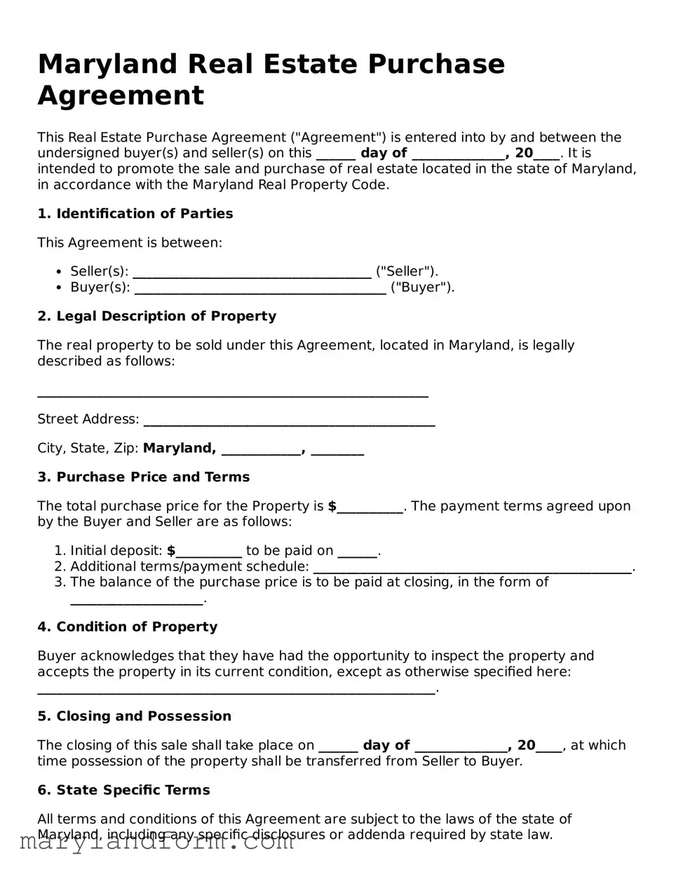 Official  Real Estate Purchase Agreement Template for Maryland