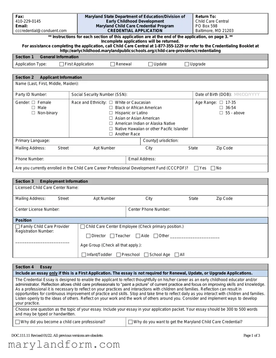 Maryland Credentialing Application Template in PDF