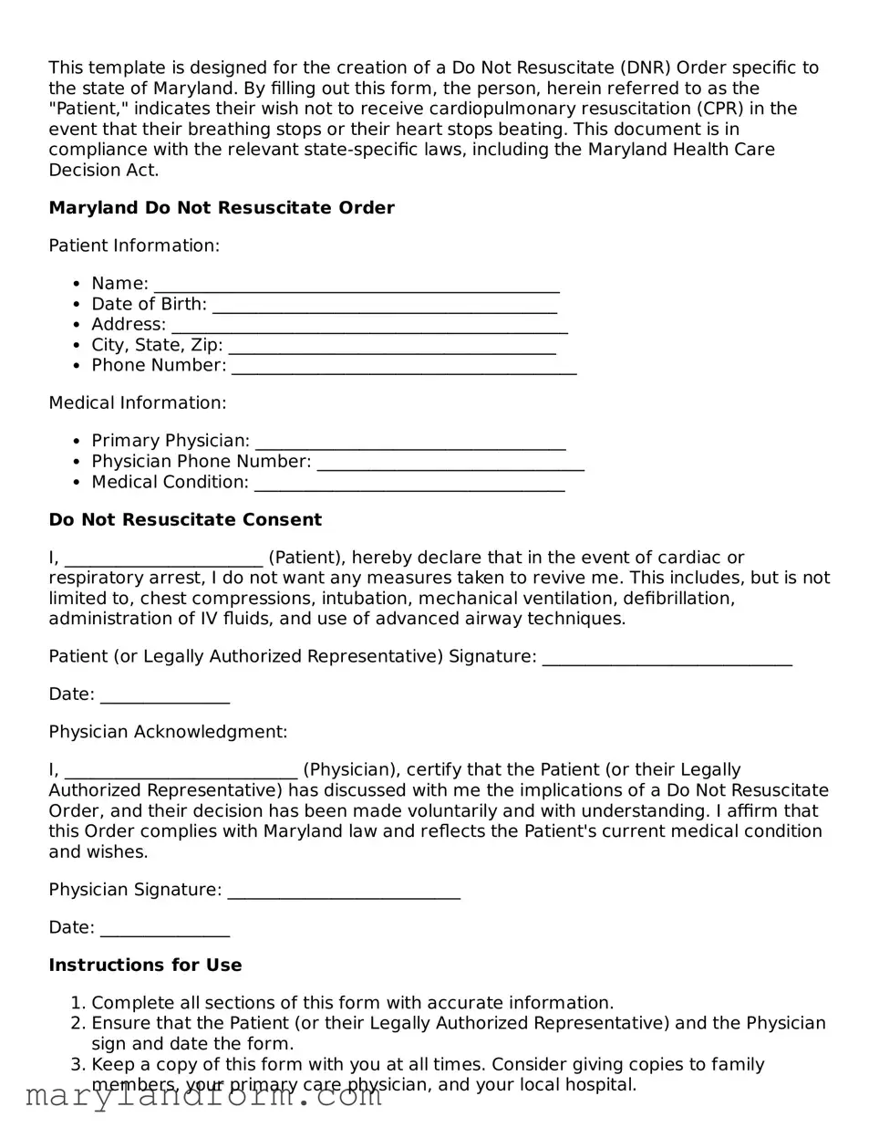 Official  Do Not Resuscitate Order Template for Maryland