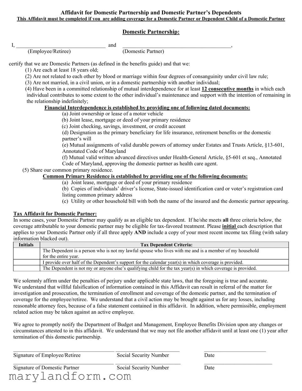 Maryland Domestic Partnership Template in PDF