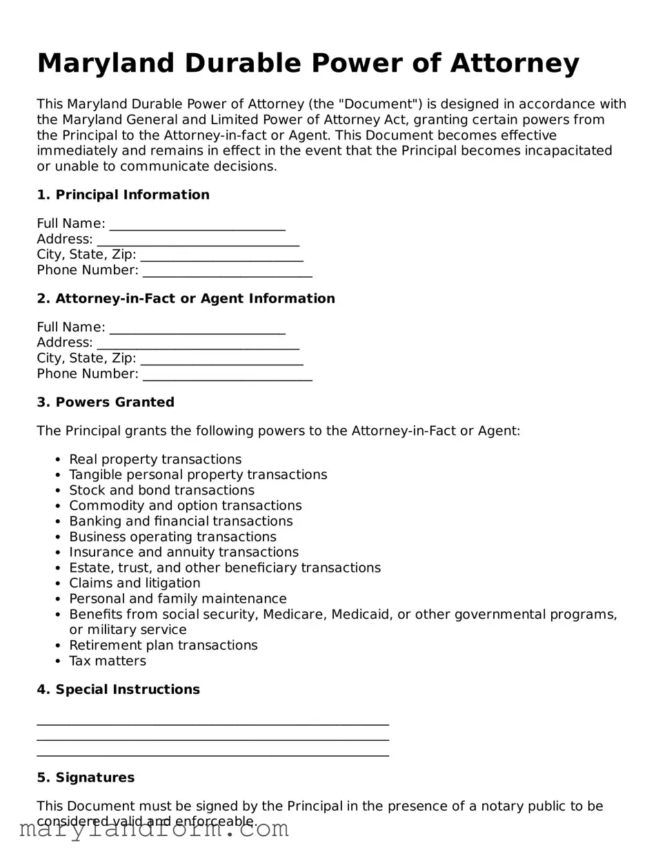 Official  Durable Power of Attorney Template for Maryland