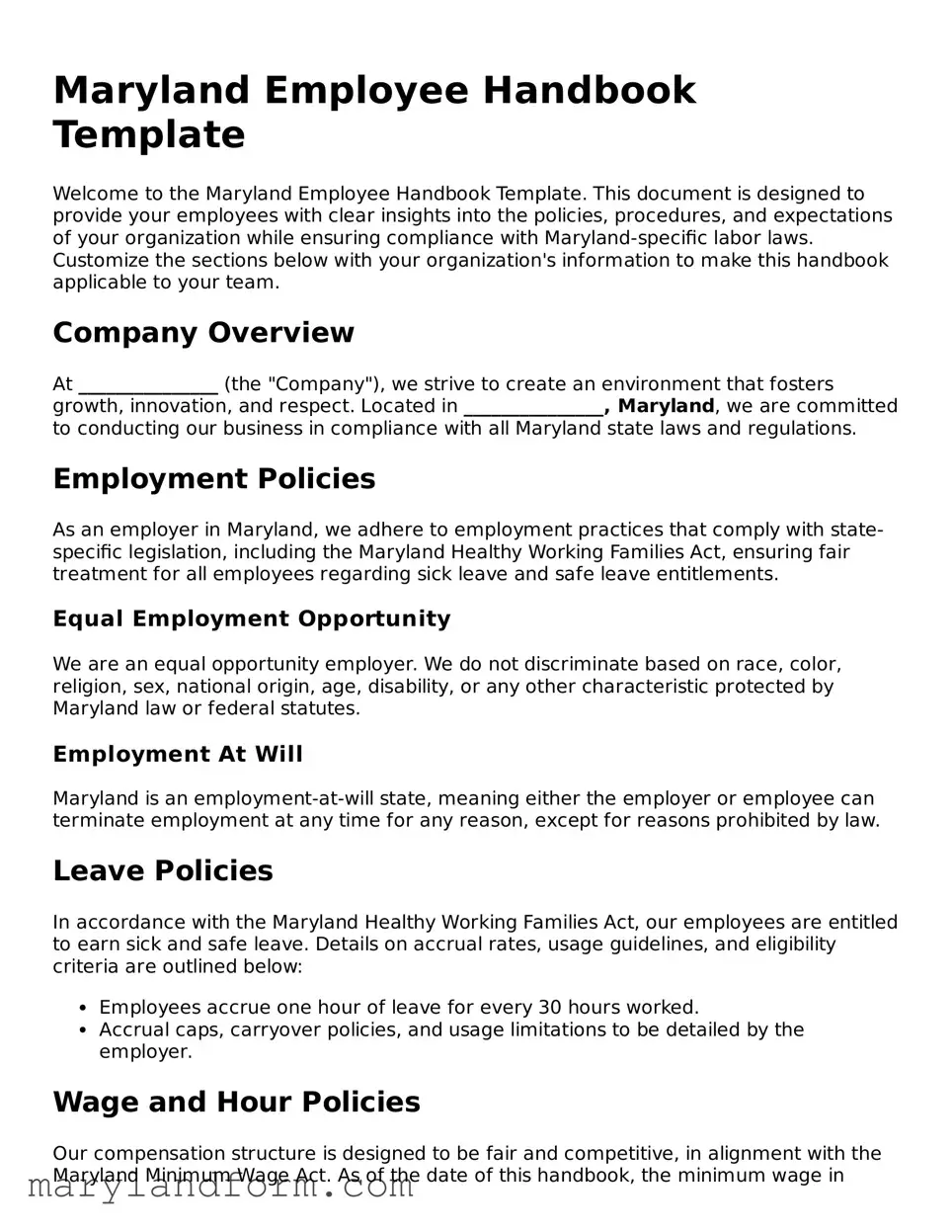 Official  Employee Handbook Template for Maryland