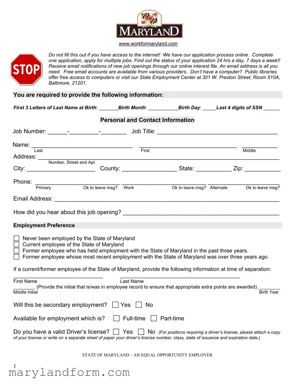 Maryland Employment Application Template in PDF