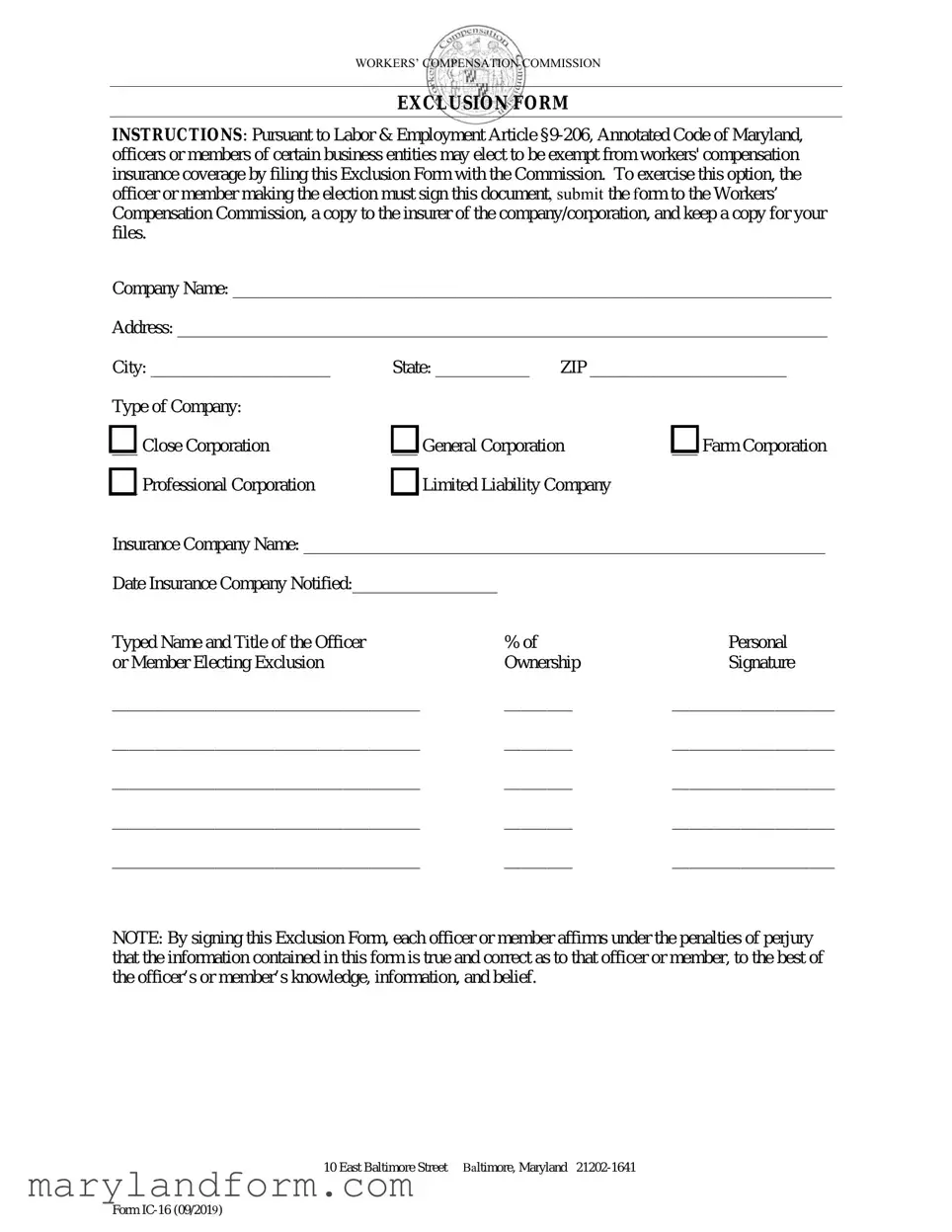 Maryland Exclusion Template in PDF