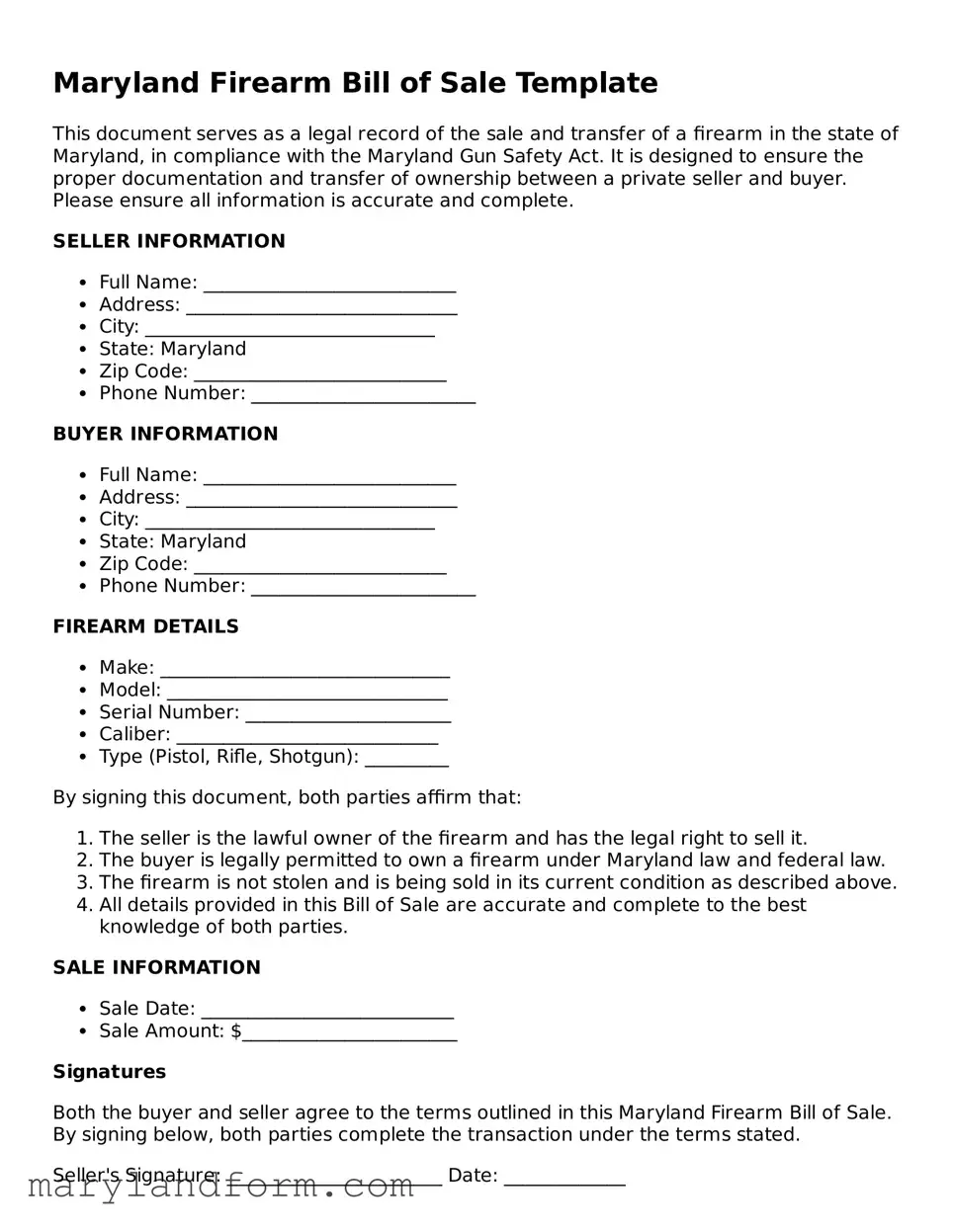 Official  Firearm Bill of Sale Template for Maryland