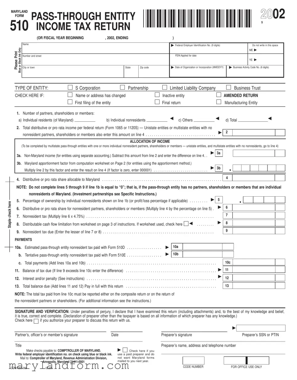 Maryland Frorm 510 Template in PDF