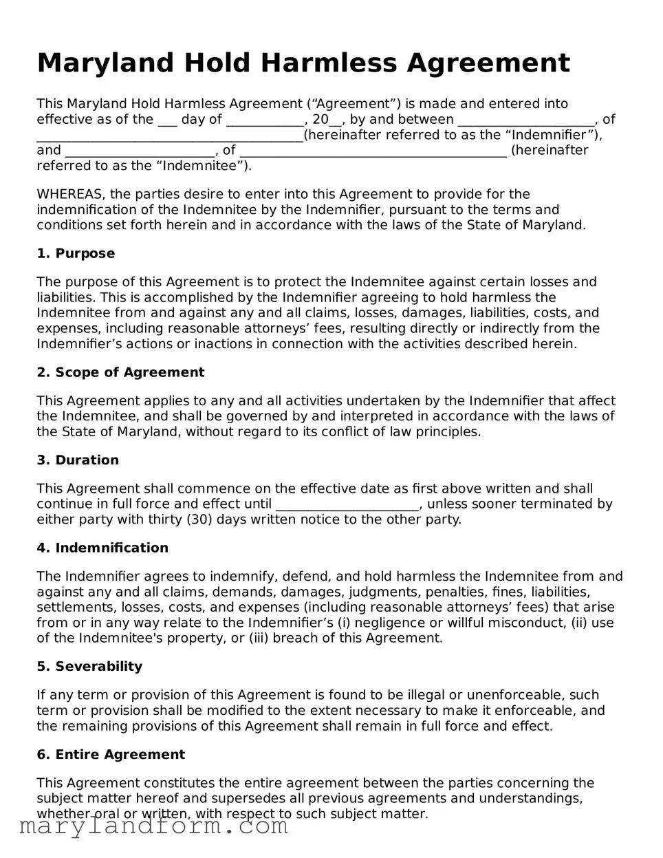 Official  Hold Harmless Agreement Template for Maryland