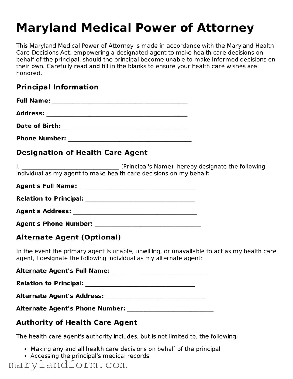 Official  Medical Power of Attorney Template for Maryland