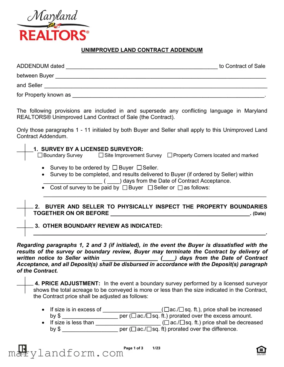Maryland Land Contract Addendum Template in PDF