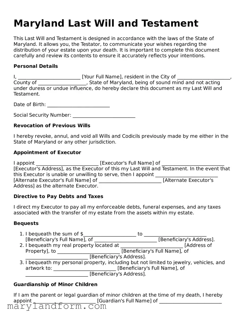 Official  Last Will and Testament Template for Maryland