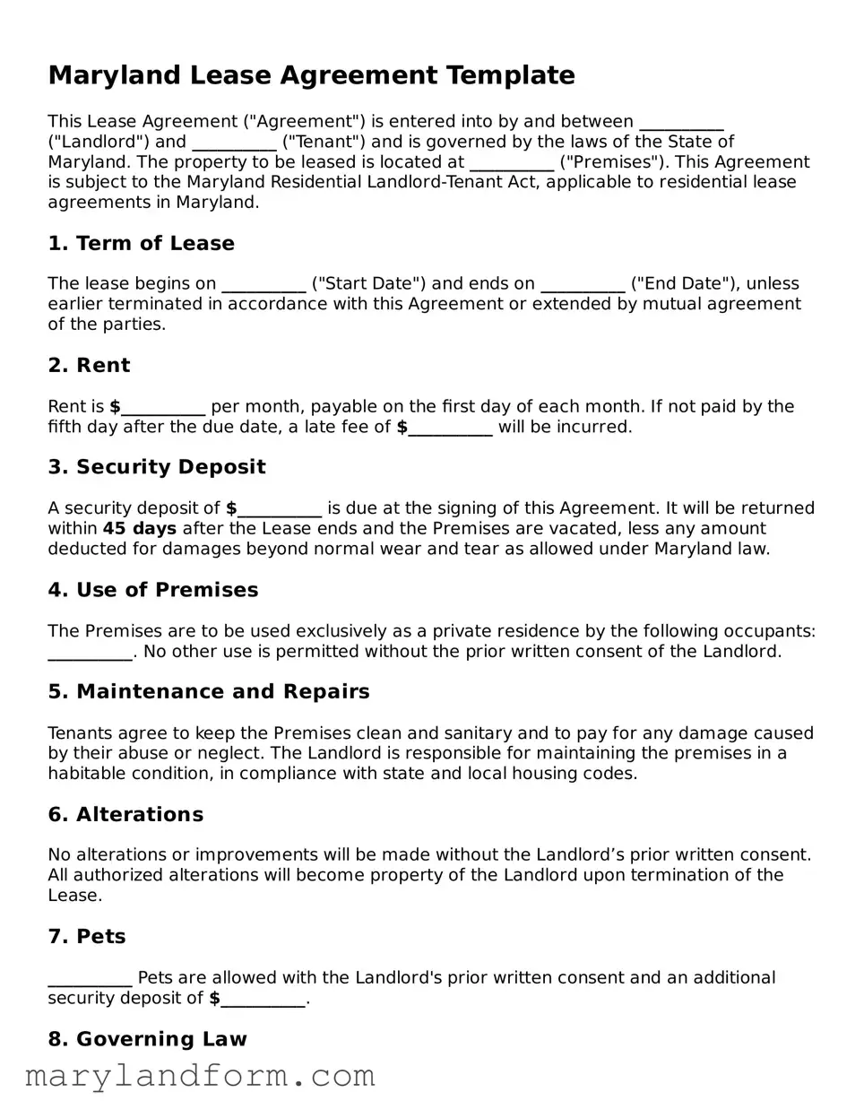 Official  Lease Agreement Template for Maryland