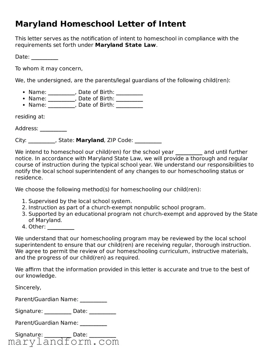 Official  Homeschool Letter of Intent Template for Maryland