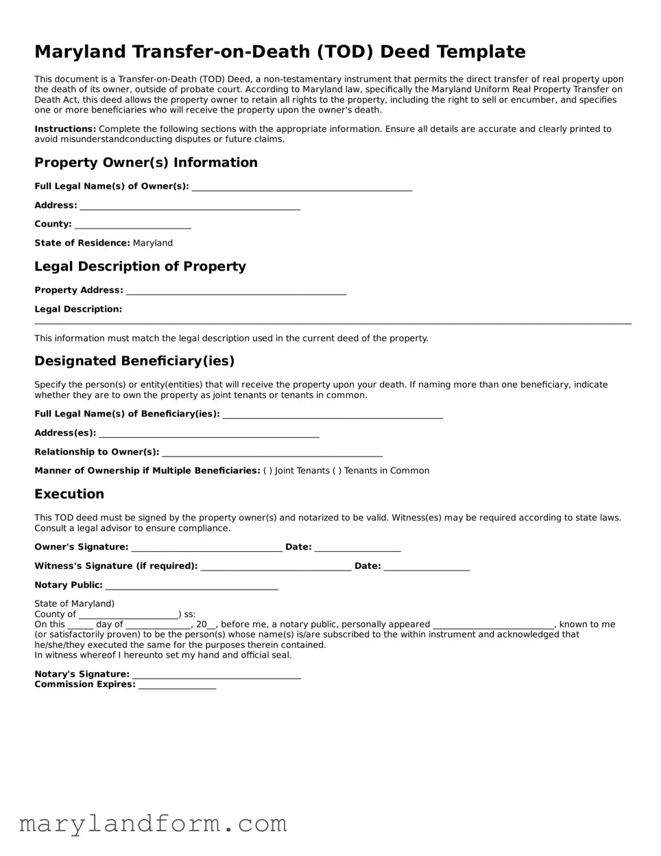Official  Transfer-on-Death Deed Template for Maryland