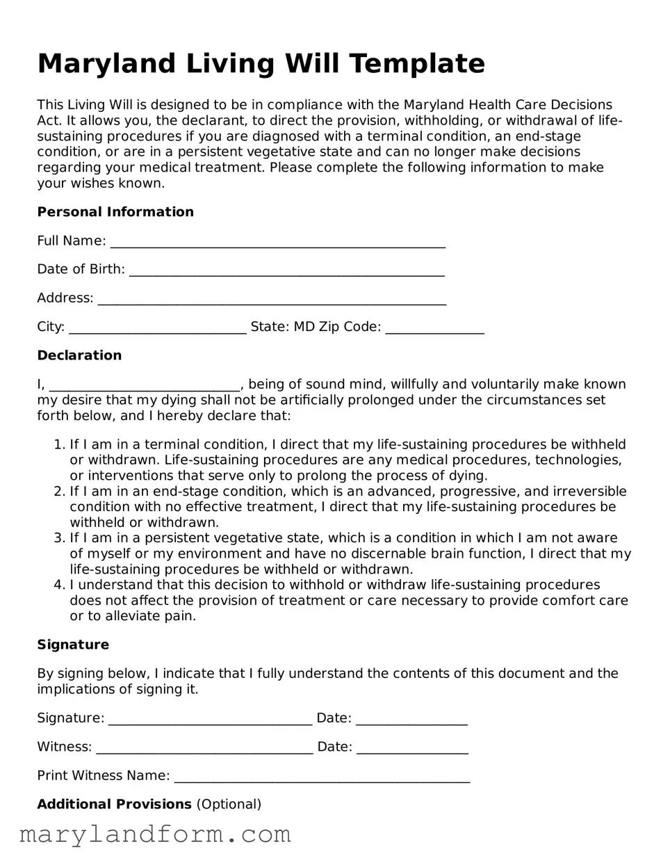 Official  Living Will Template for Maryland