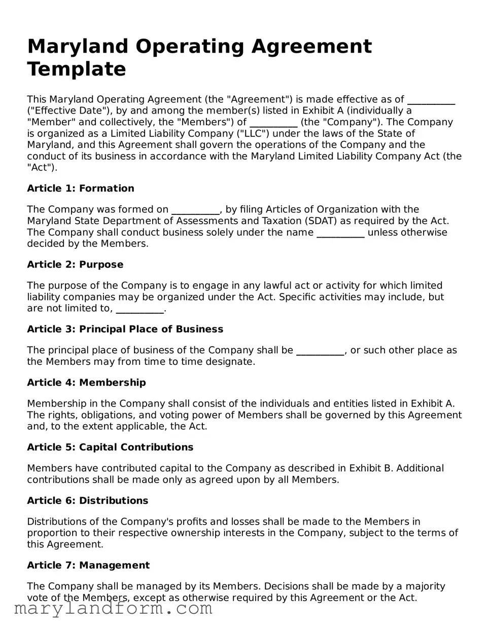 Official  Operating Agreement Template for Maryland