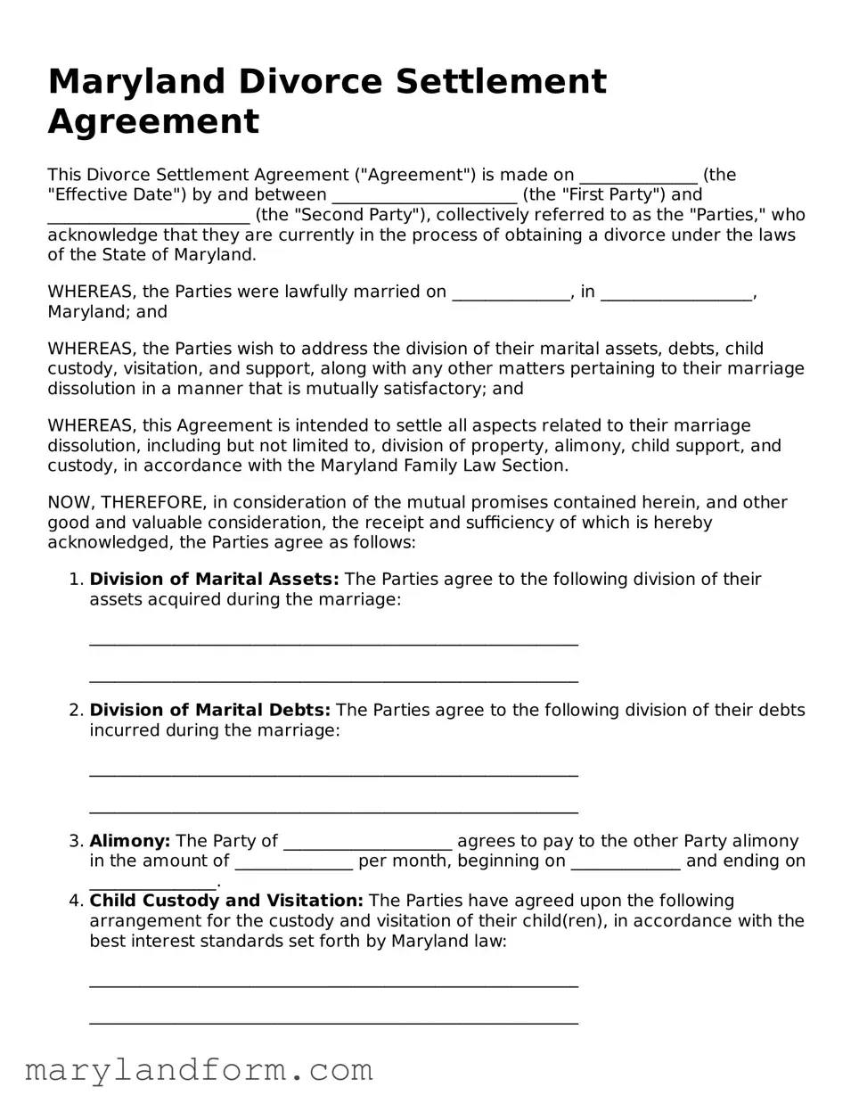 Official  Divorce Settlement Agreement Template for Maryland