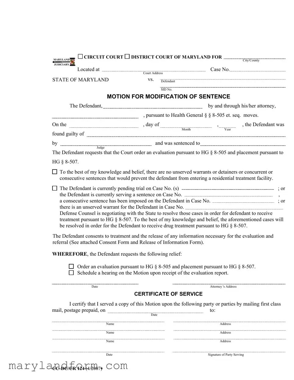 Maryland Modification Sentence Template in PDF