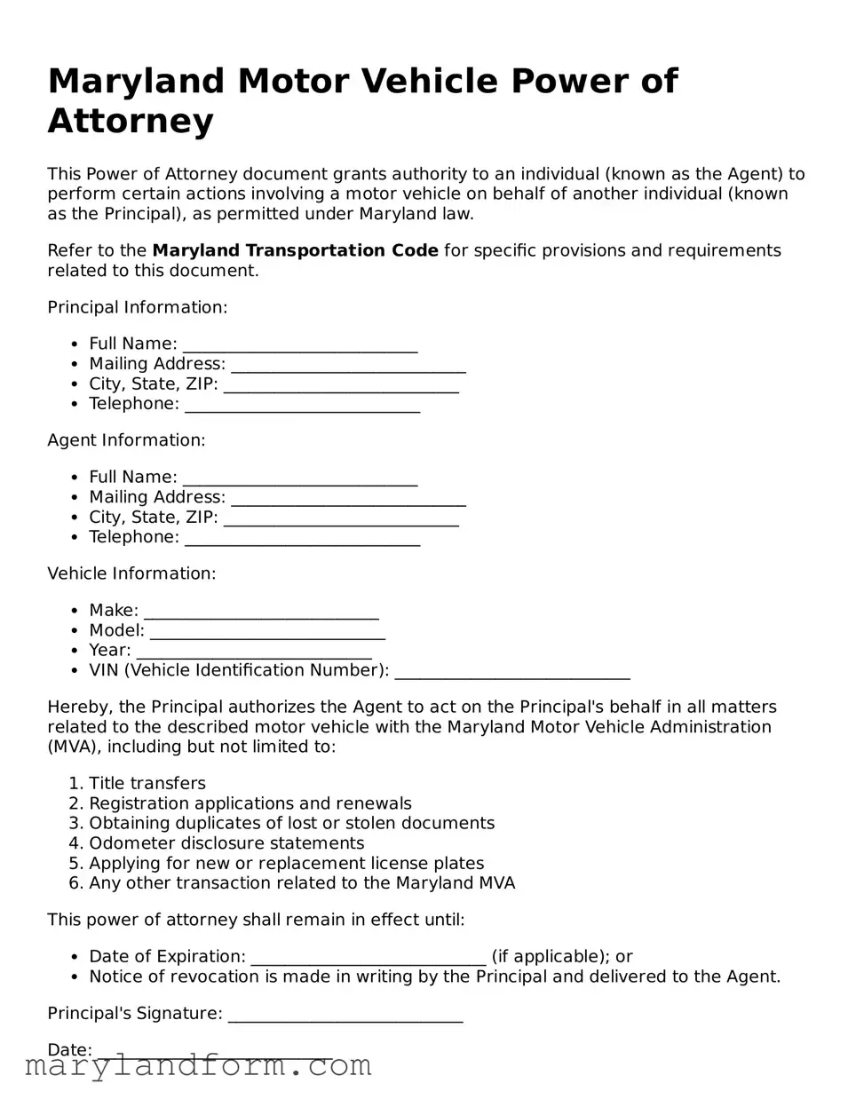 Official  Motor Vehicle Power of Attorney Template for Maryland