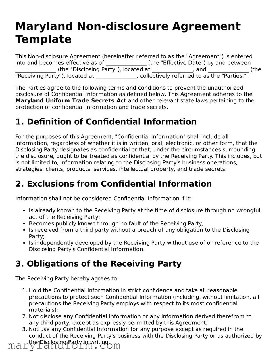 Official  Non-disclosure Agreement Template for Maryland
