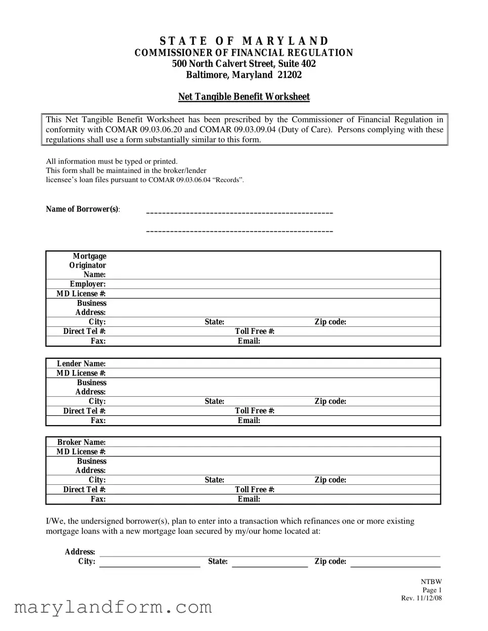 Maryland Net Tangible Benefit Worksheet Template in PDF