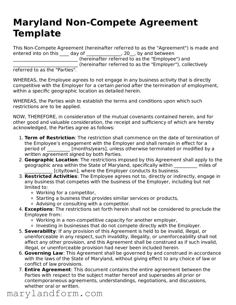 Official  Non-compete Agreement Template for Maryland