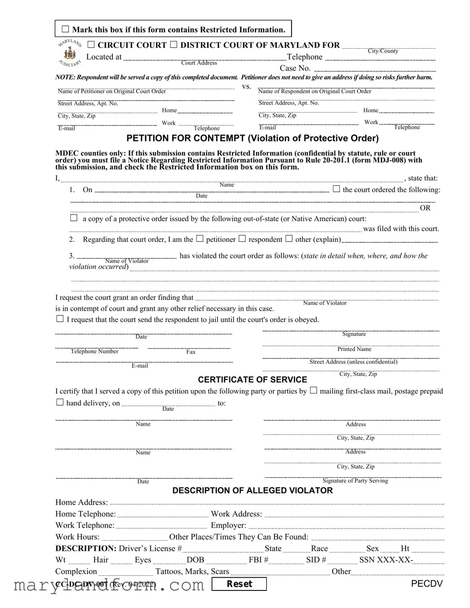 Maryland Petition For Contempt Template in PDF