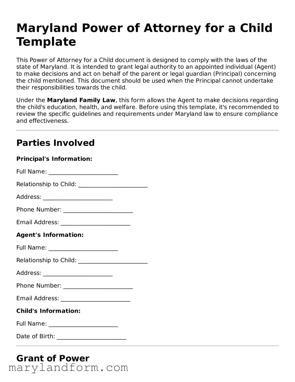 Official  Power of Attorney for a Child Template for Maryland
