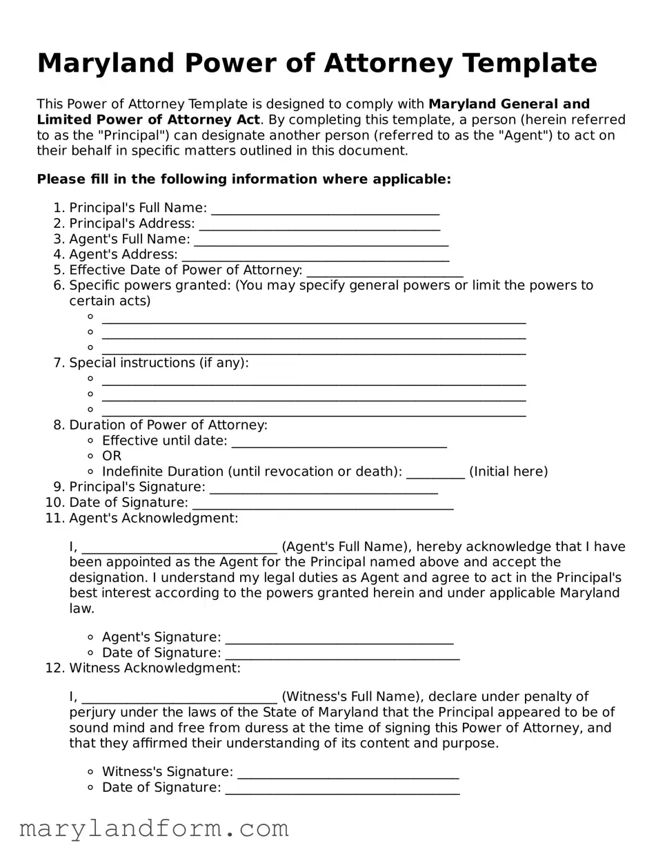 Official  Power of Attorney Template for Maryland
