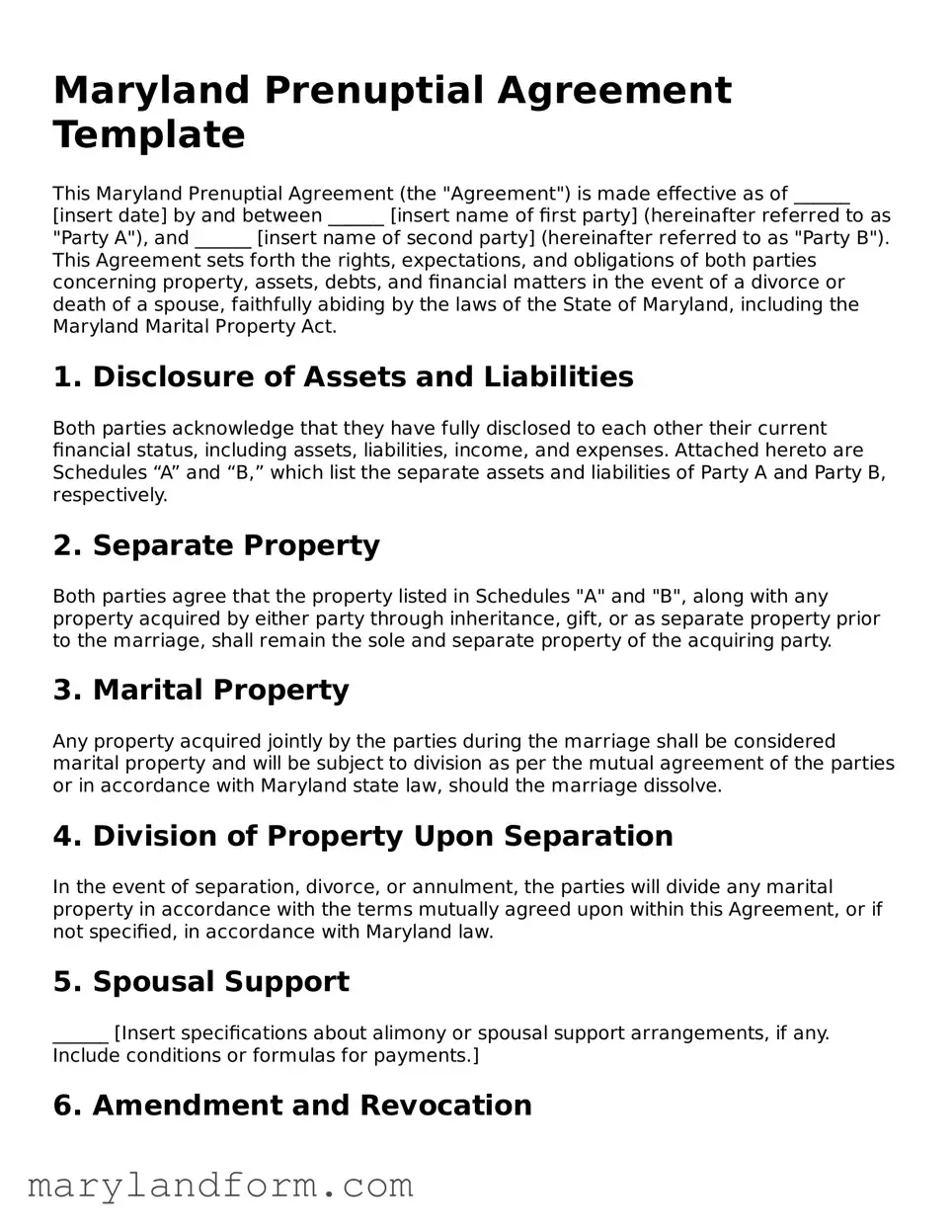 Official  Prenuptial Agreement Template for Maryland