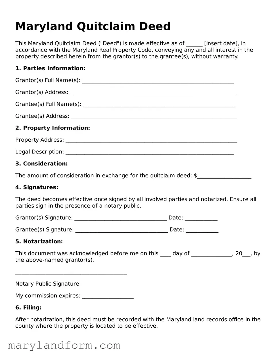 Official  Quitclaim Deed Template for Maryland
