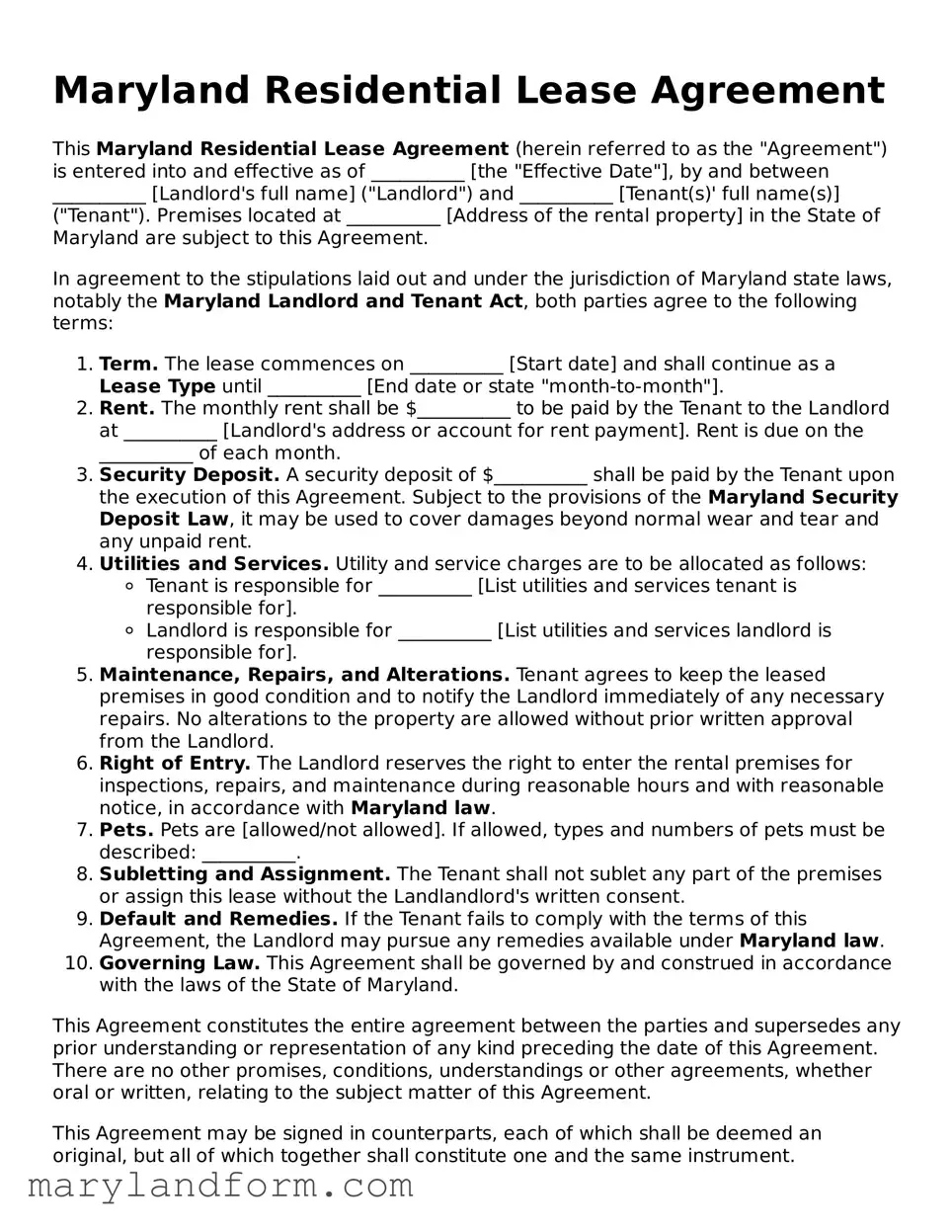 Official  Residential Lease Agreement Template for Maryland