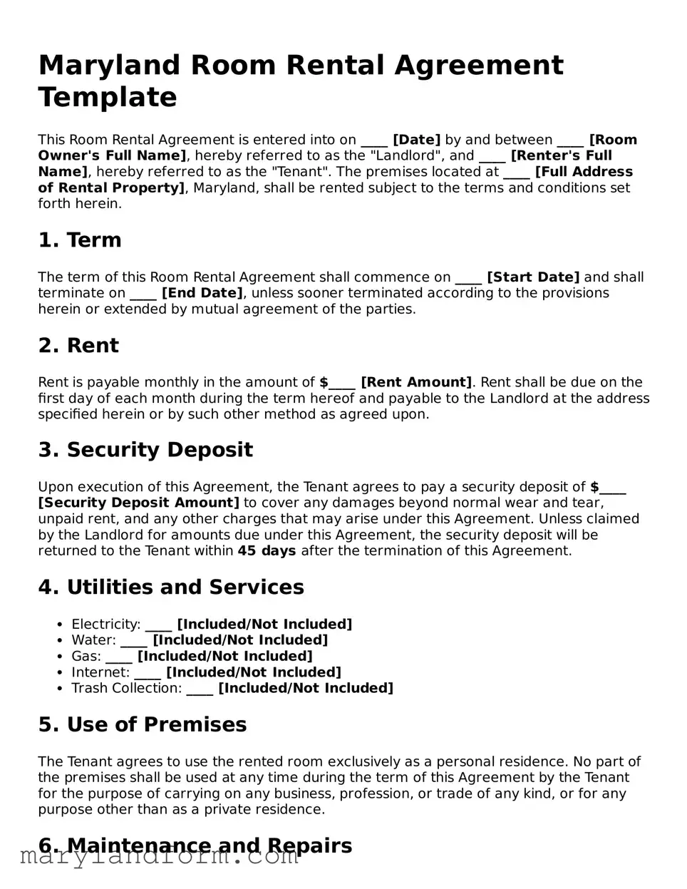 Official  Room Rental Agreement Template for Maryland