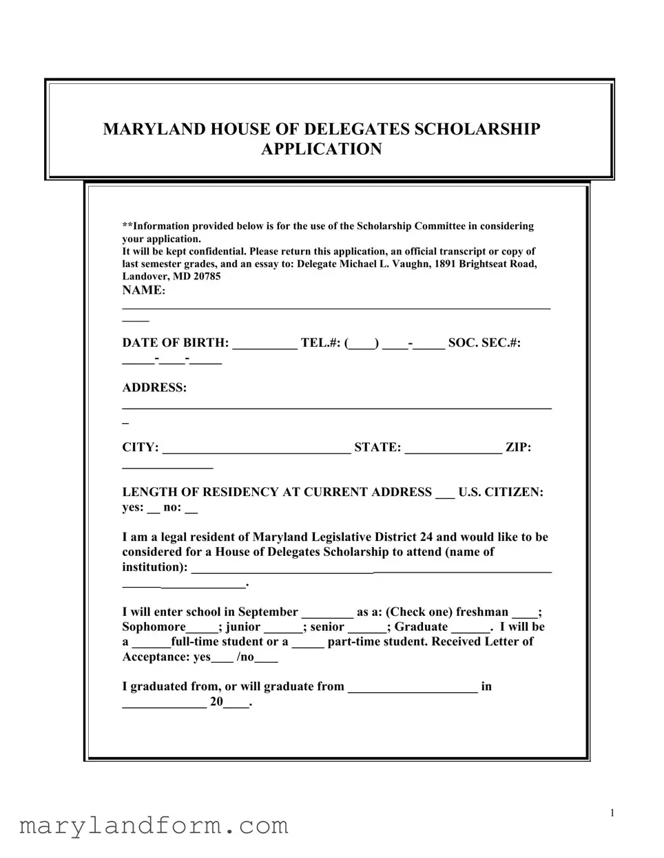 Maryland Scholarship Application Template in PDF
