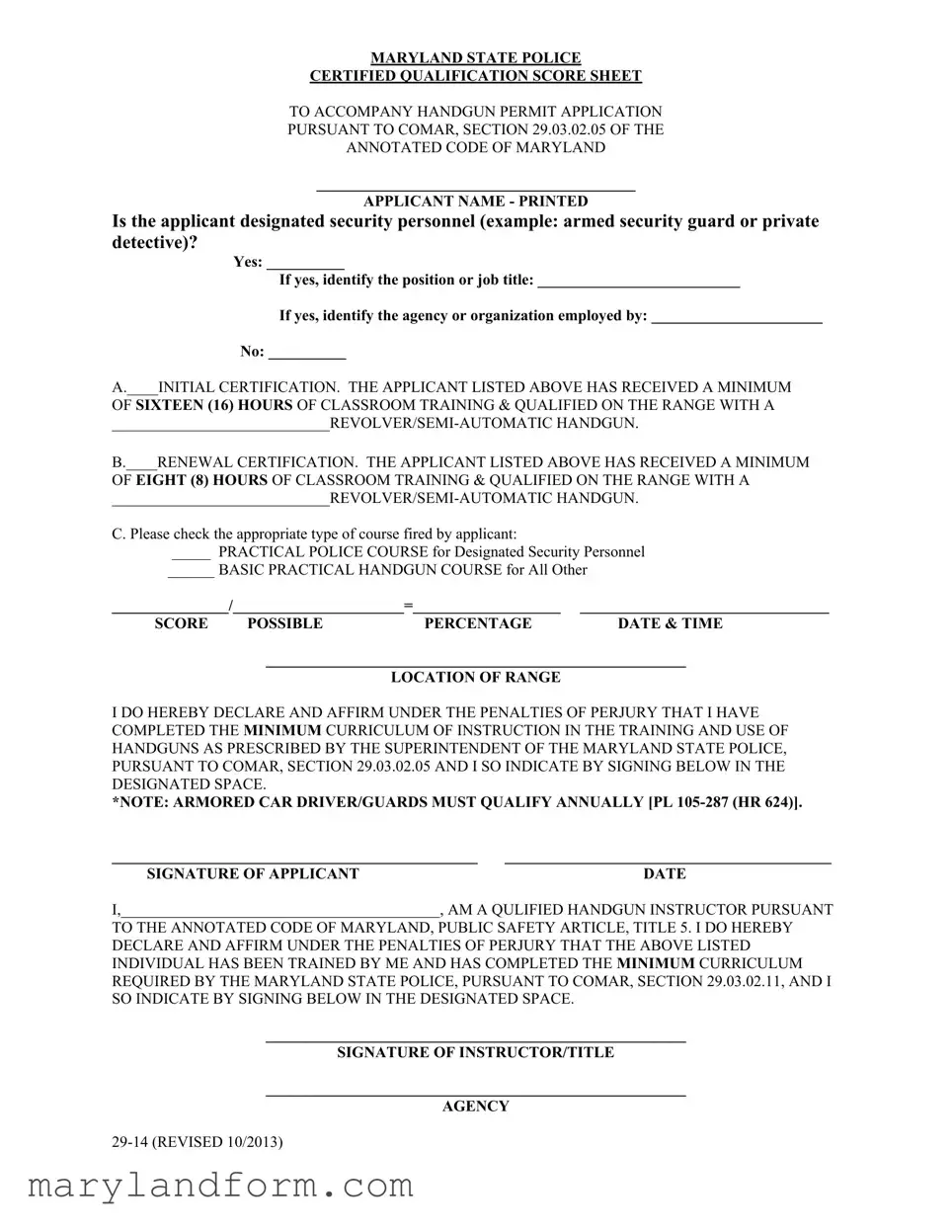 Maryland Score Sheet Template in PDF