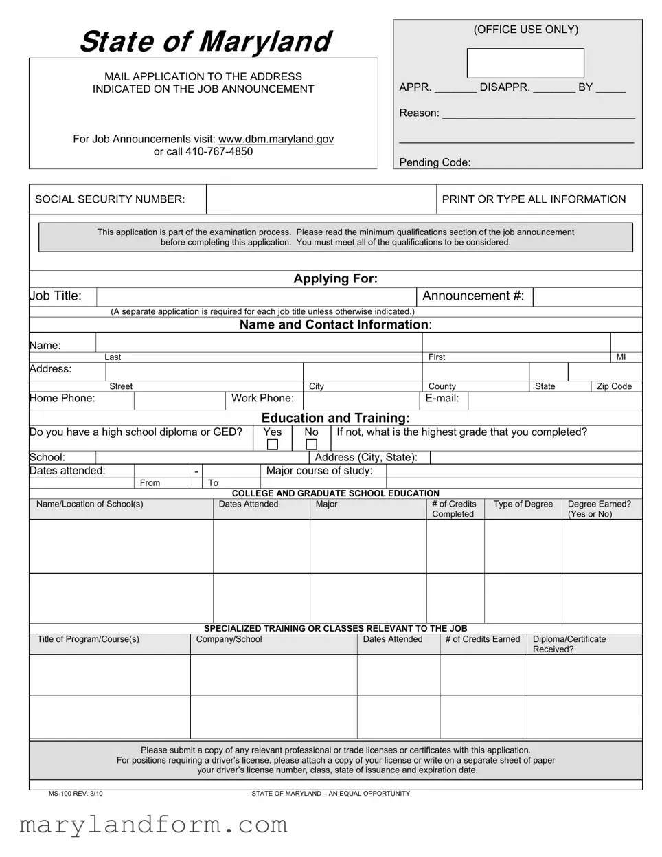 Maryland State 100 Application Template in PDF