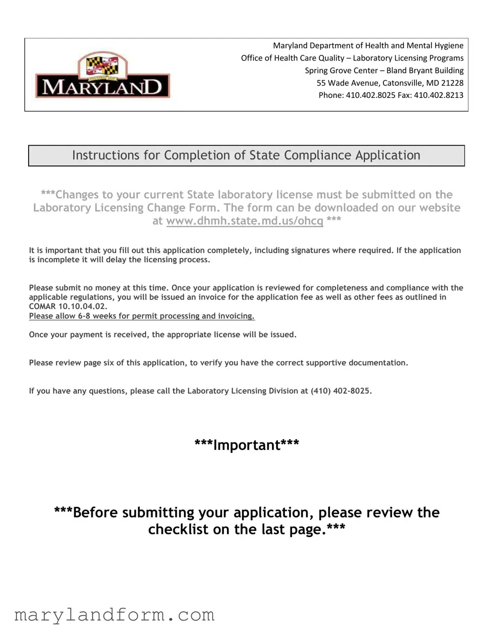 Maryland State Compliance Application Template in PDF